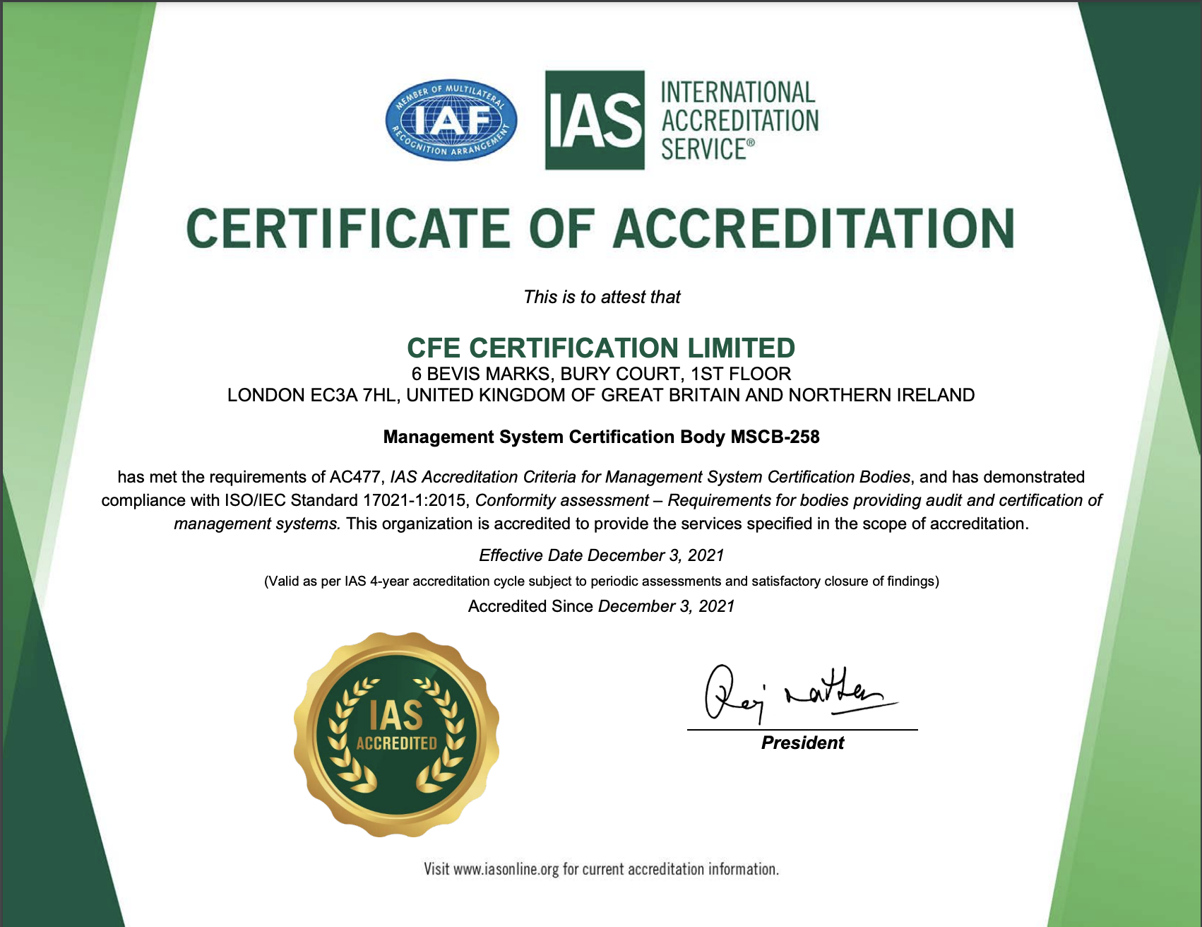 IAS Accredited Certification Body