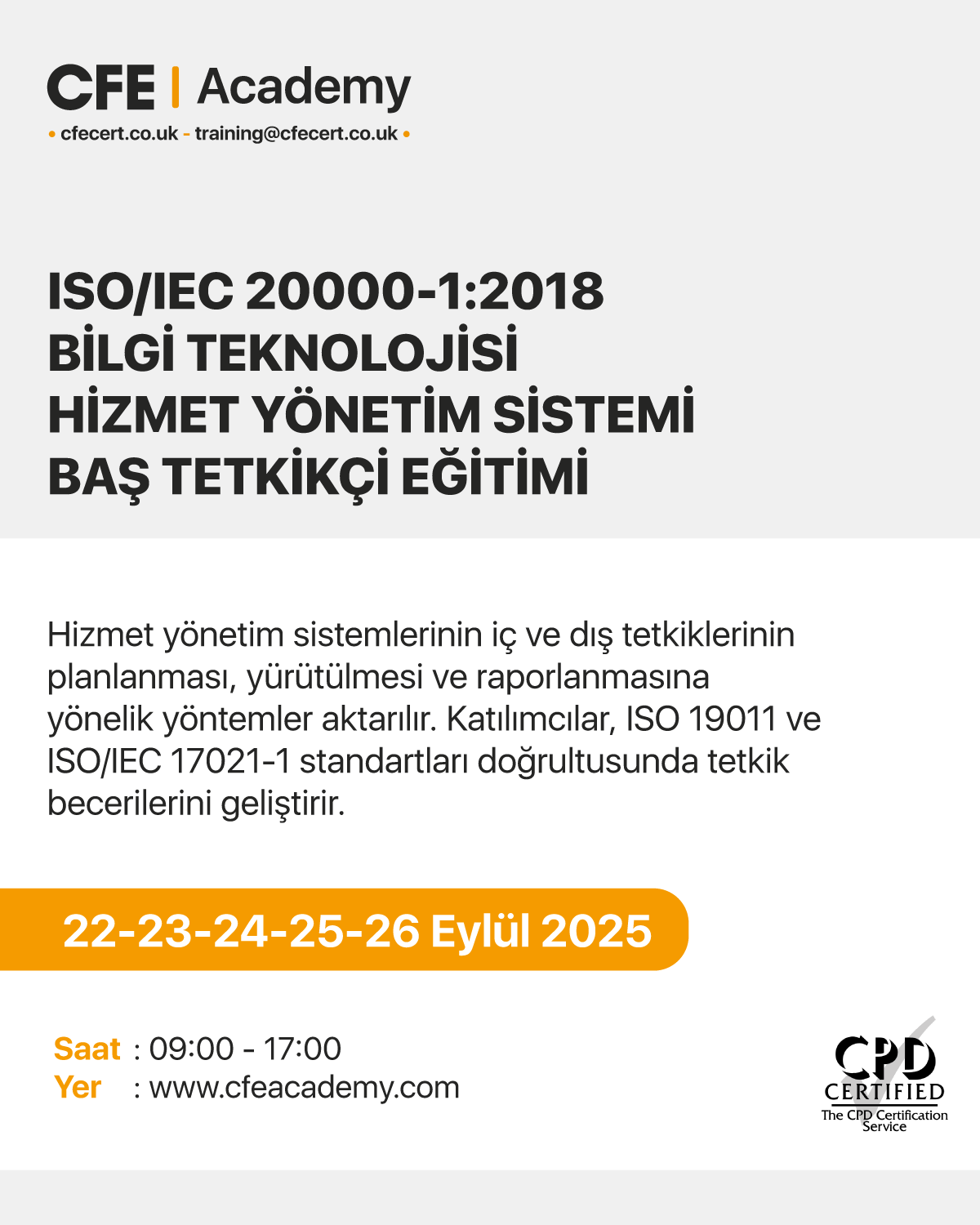 ISO/IEC 20000-1:2018 Bilgi Teknolojisi Hizmet Yönetim Sistemi Baş Tetkikçi Eğitimi