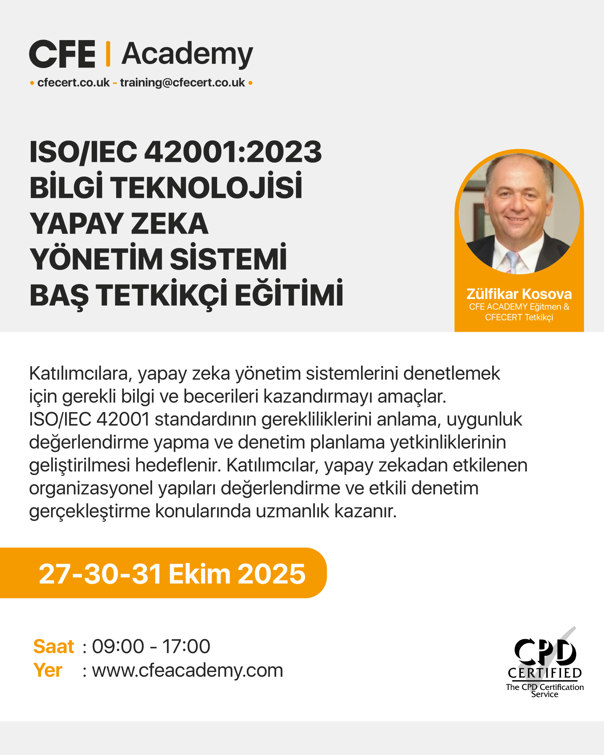 ISO/IEC 42001:2023 Bilgi Teknolojisi Yapay Zeka Yönetim Sistemi, Baş Tetkikçi Eğitimi