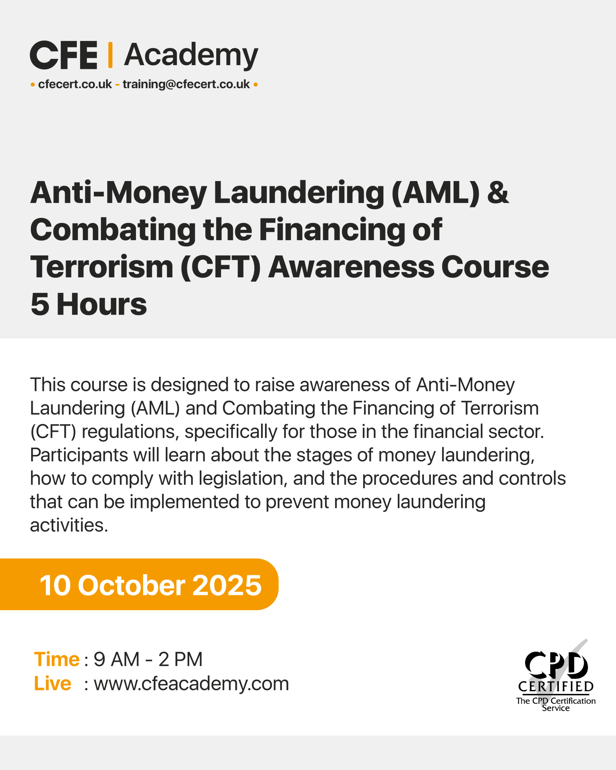 Anti-Money Laundering(AML) & Combating the Financing of Terrorism(CFT) Awareness Course – 5 Hours