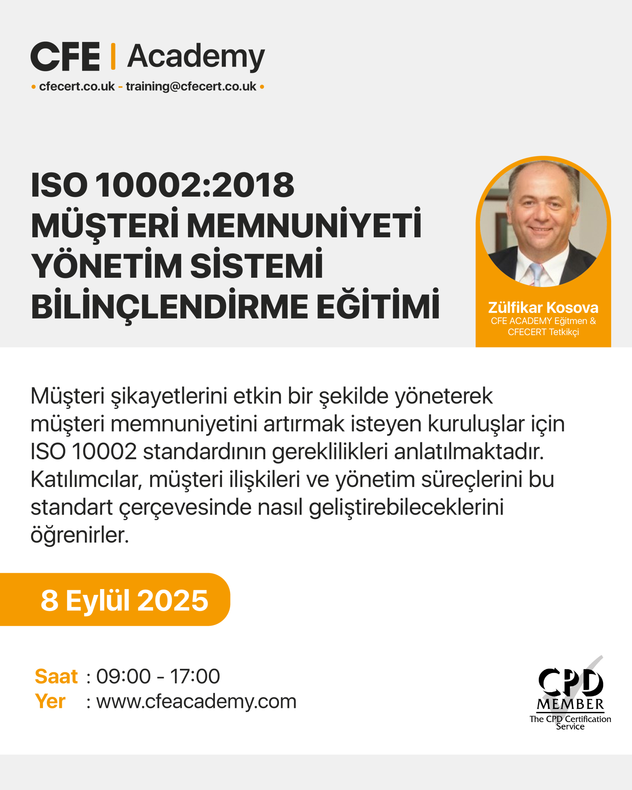 ISO 10002:2018 Müşteri Memnuniyeti Yönetim Sistemi Bilinçlendirme Eğitimi