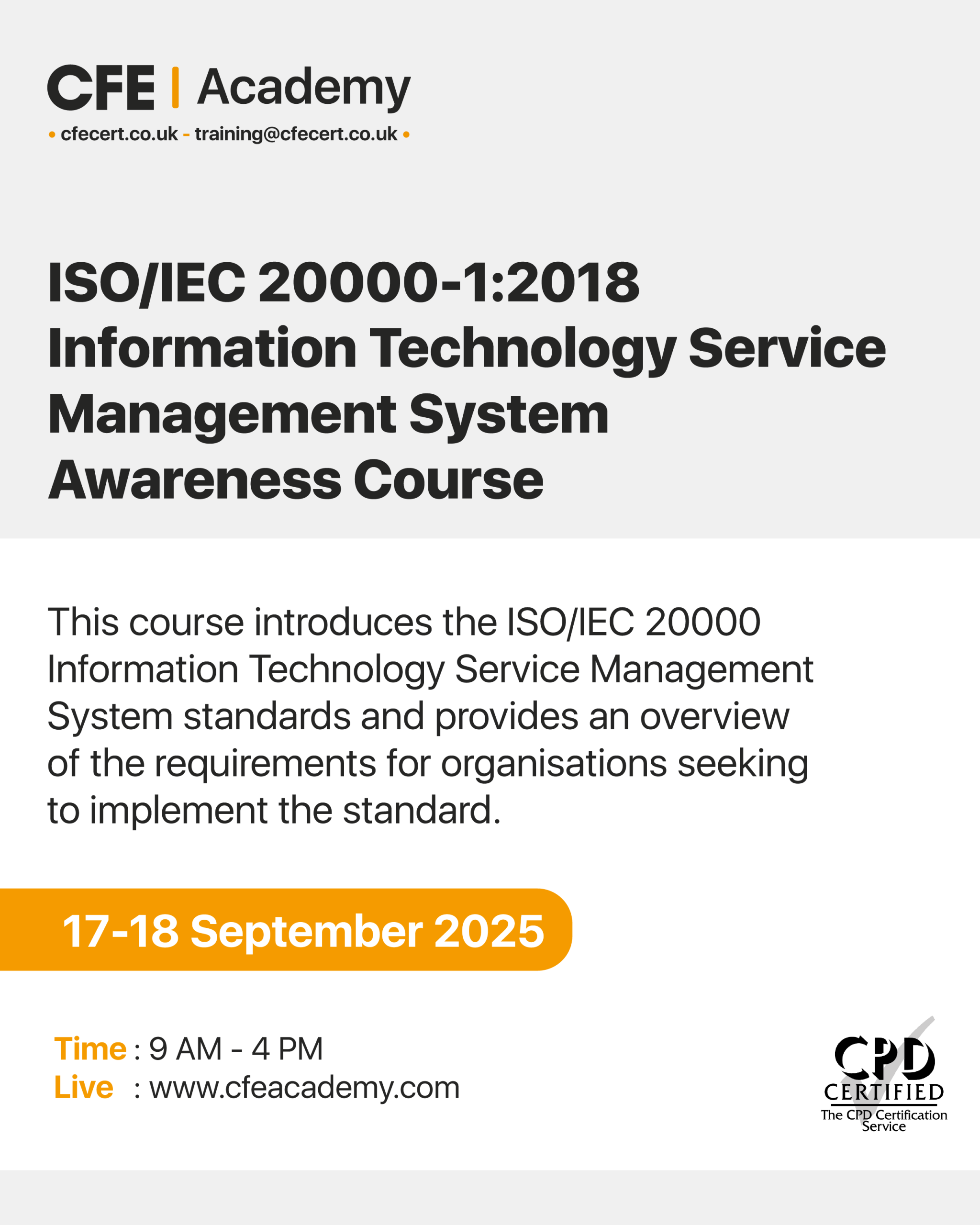 ISO/IEC 20000-1:2018 Information Technology Service Management System, Awareness Course