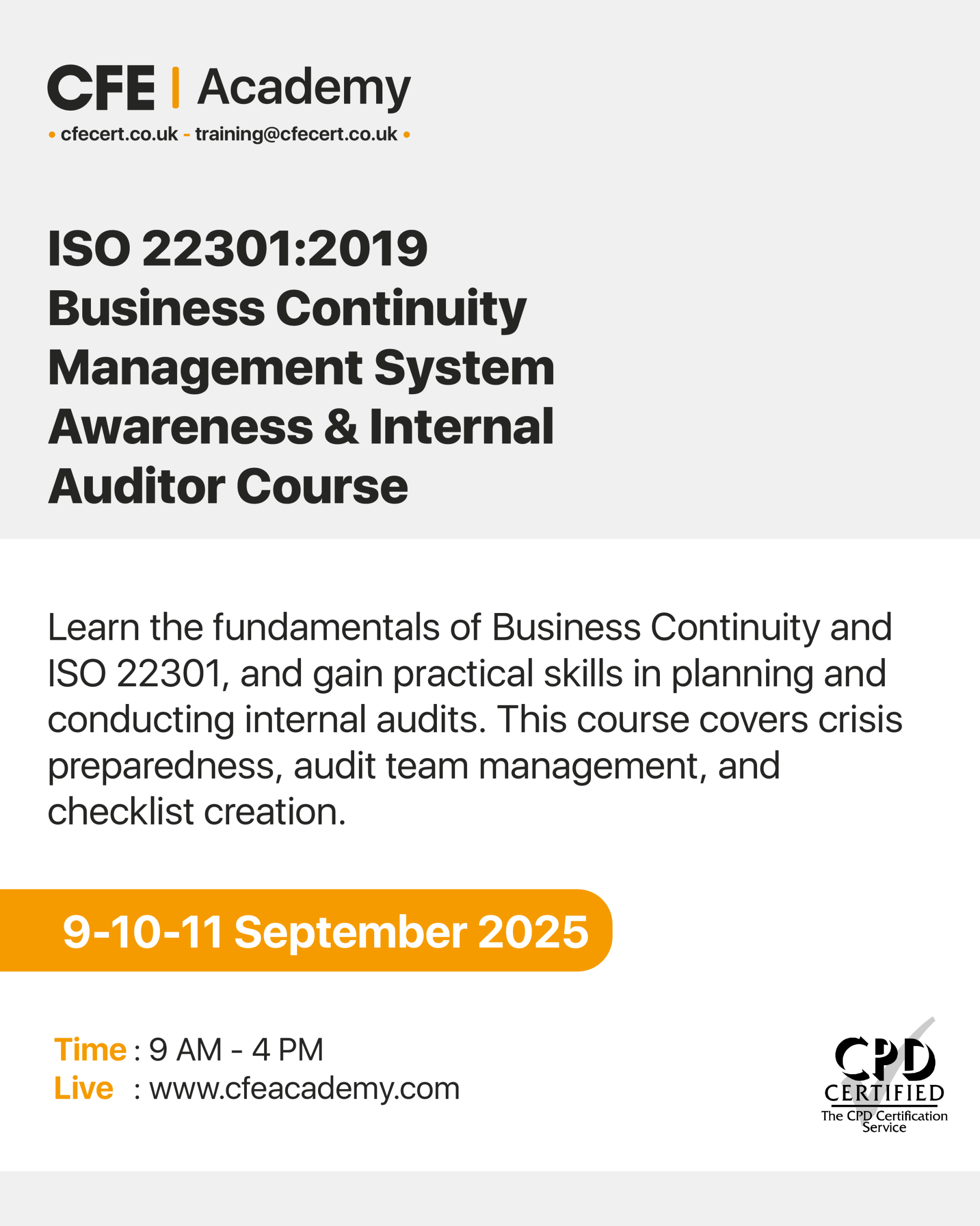ISO 22301.2019 Business Contiunity Management System, Awareness & Internal Auditor Course