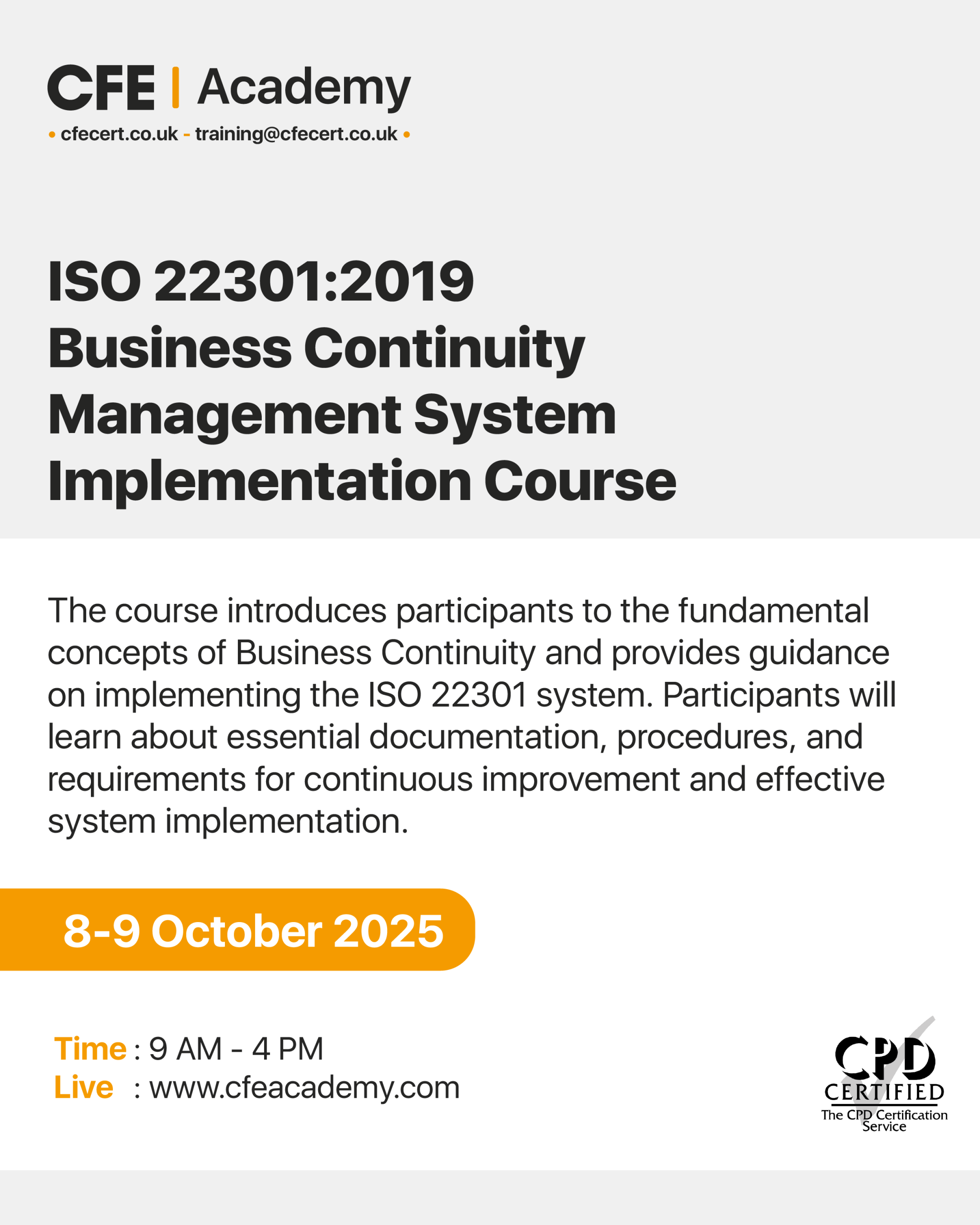 ISO 22301:2019 Business Continuity Management System, Implementation Course