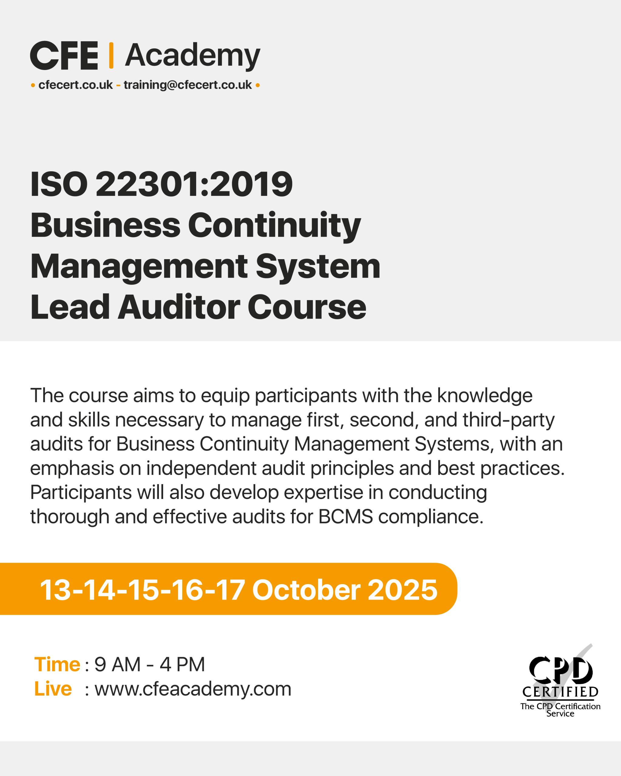 ISO 22301:2019 Business Continuity Management System, Lead Auditor Course