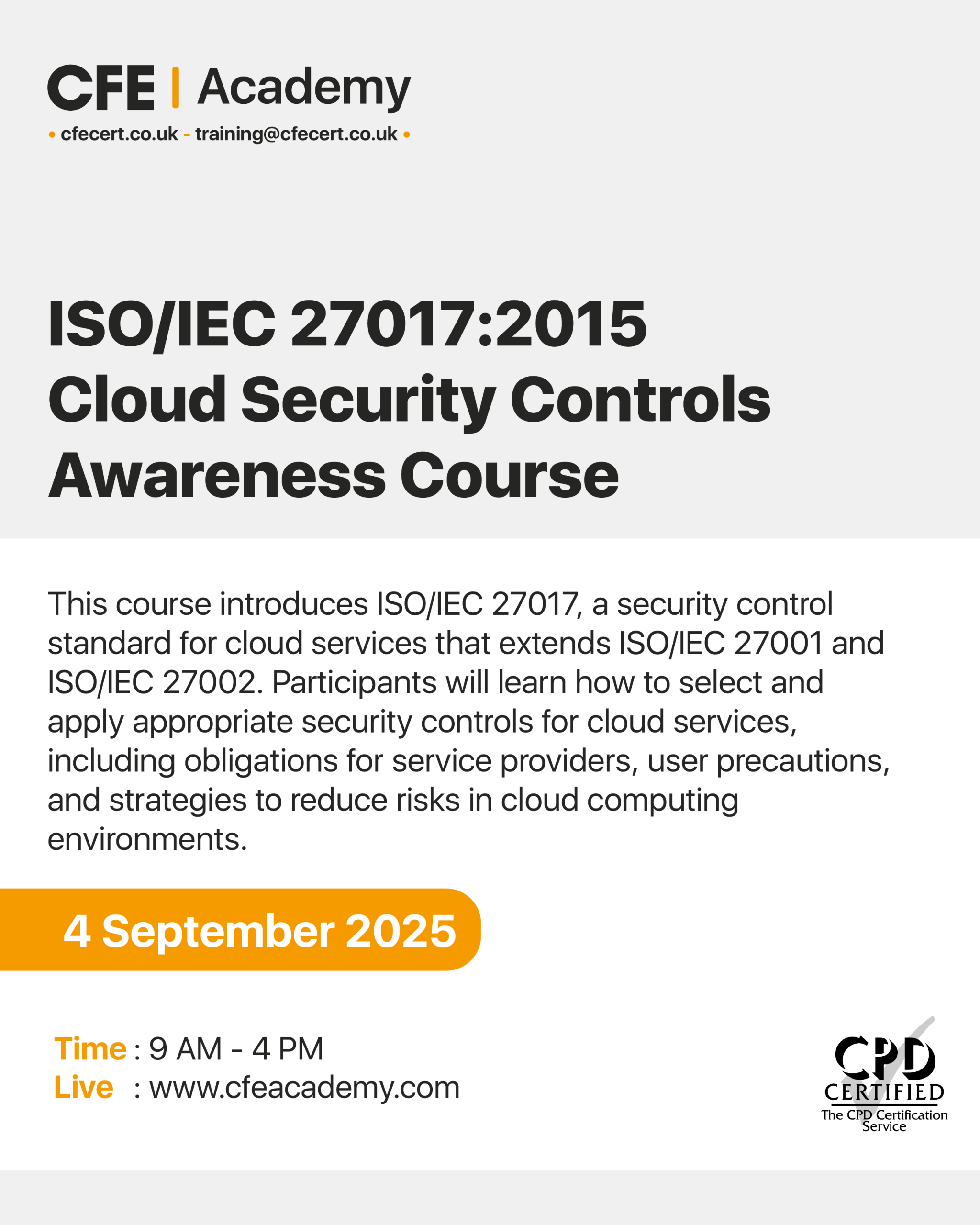 ISO/IEC 27017:2015 Cloud Security Controls, Awareness Course
