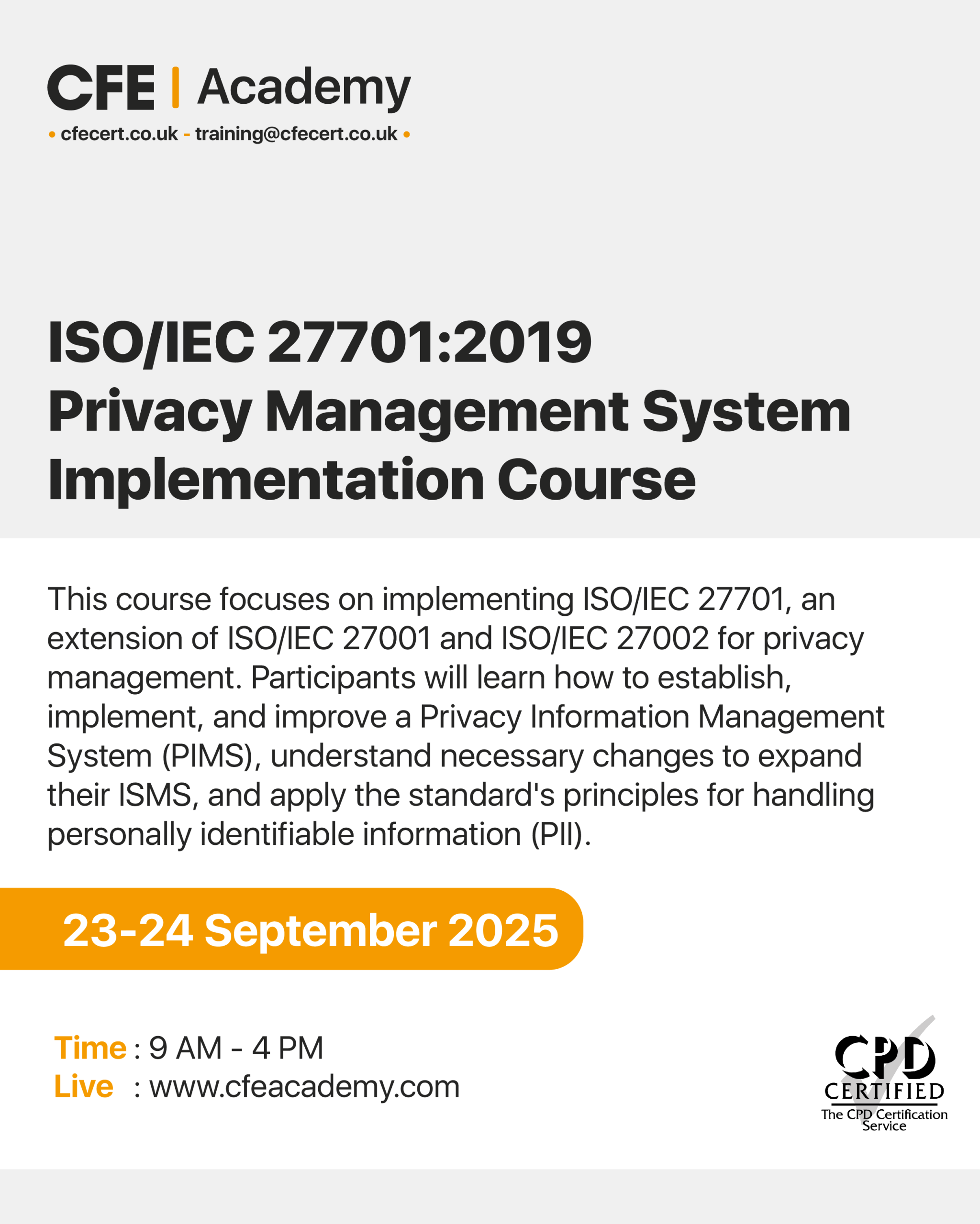 ISO/IEC 27701:2019 Privacy Management System, Implementation Course