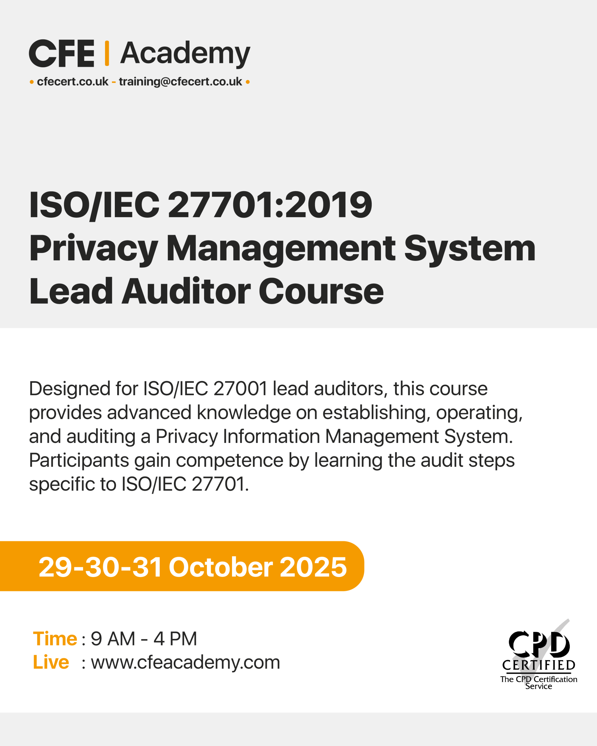 ISO/IEC 27701:2019 Privacy Management System, Lead Auditor Course