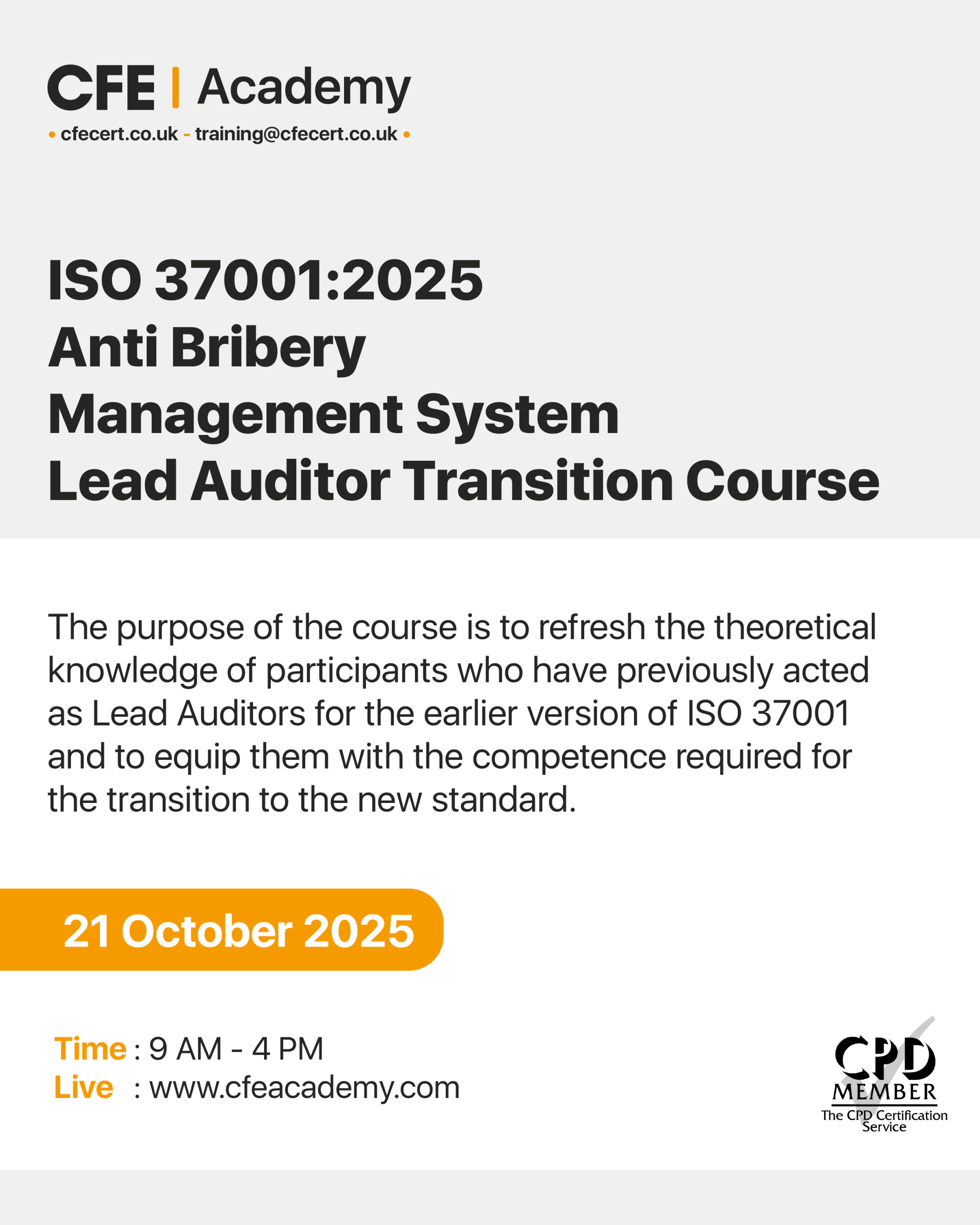ISO 37001:2025 Anti Bribery Management System, Lead Auditor Transition Course