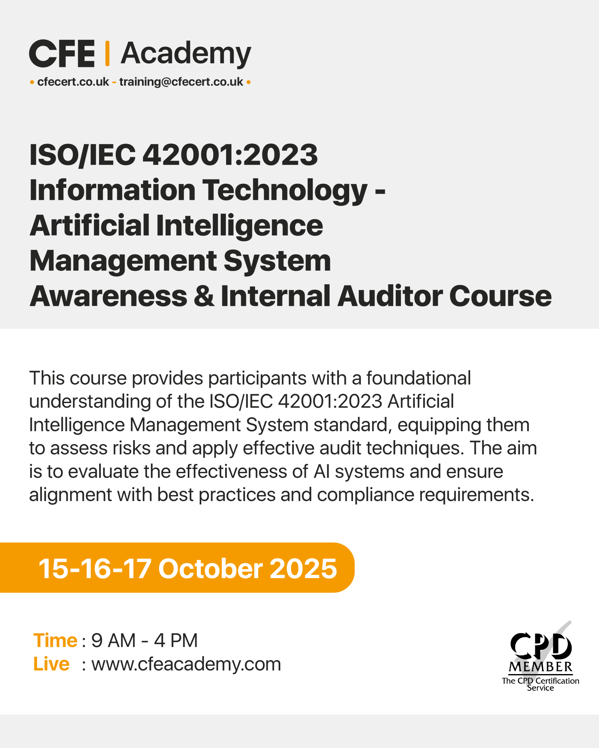 ISO/IEC 42001:2023 Information Technology – Artificial Intelligence Management System, Awareness & Internal Auditor Course