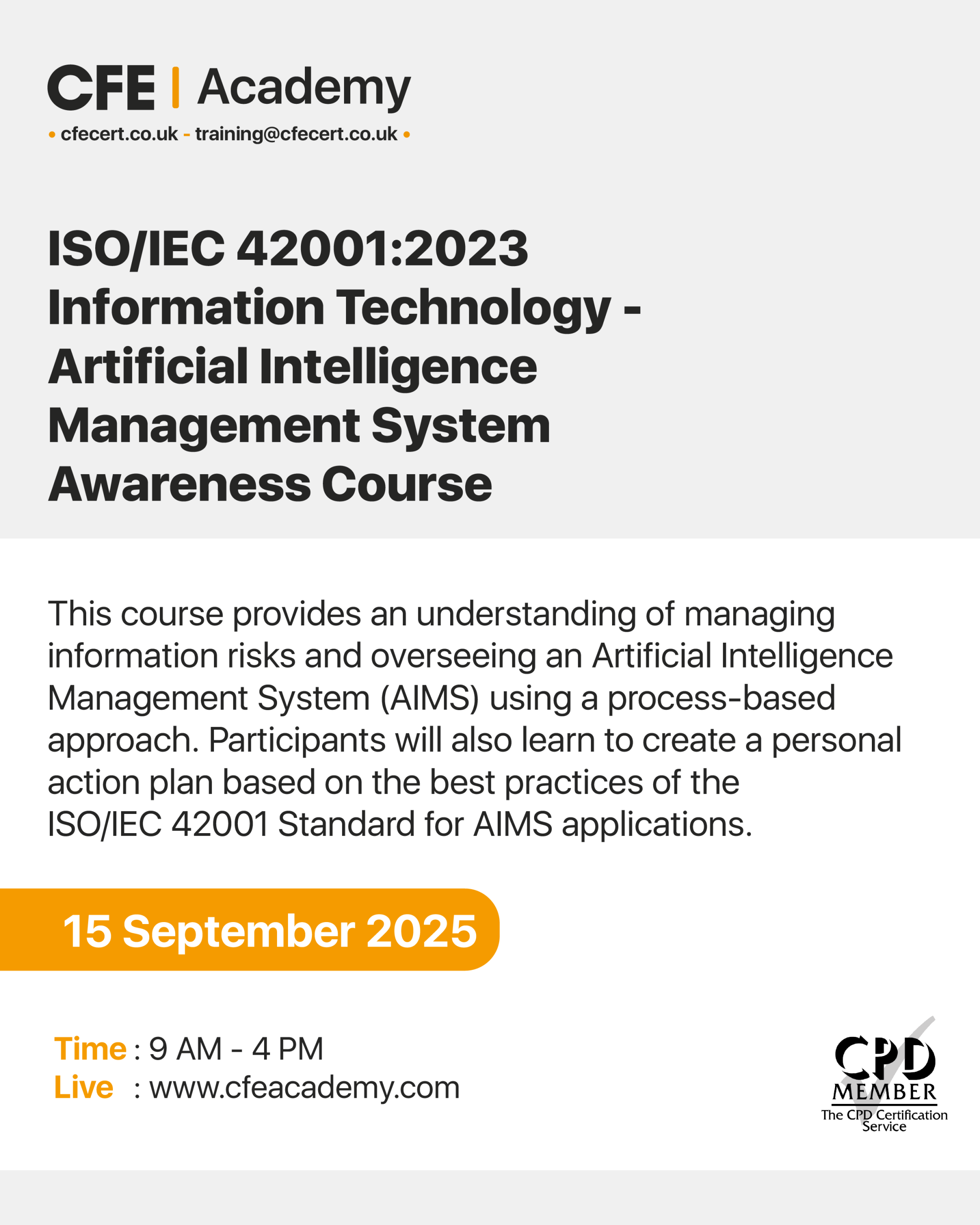 ISO/IEC 42001:2023 Information Technology – Artificial Intelligence Management System, Awareness Course