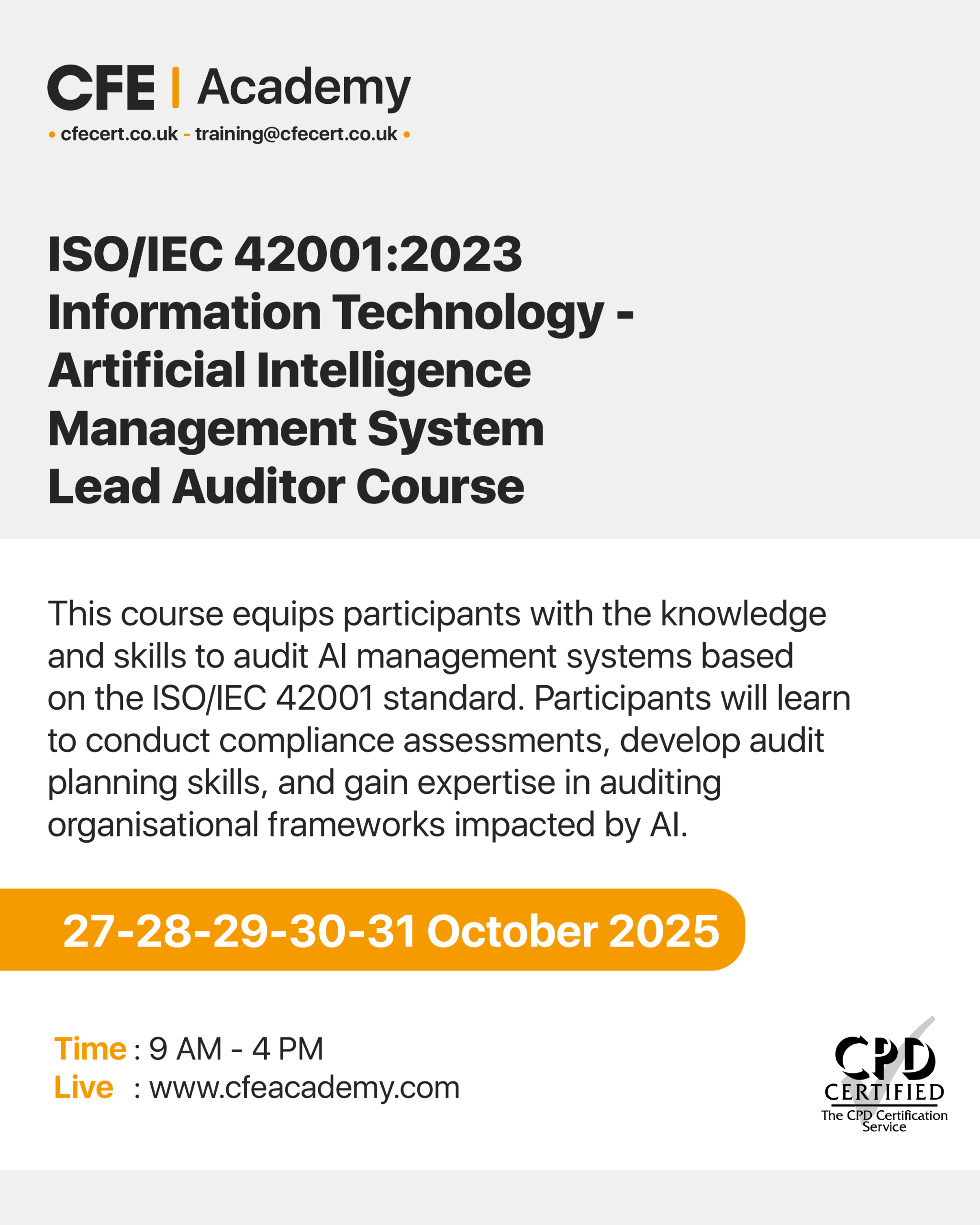 ISO/IEC 42001:2023 Information Technology – Artificial Intelligence Management System, Lead Auditor Course