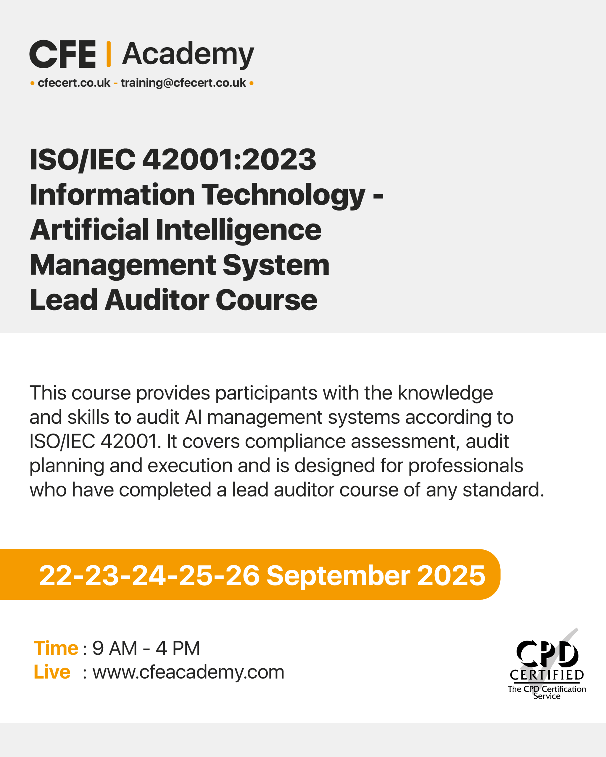 ISO/IEC 42001:2023 Information Technology Artificial Intelligence Management System, Lead Auditor Course