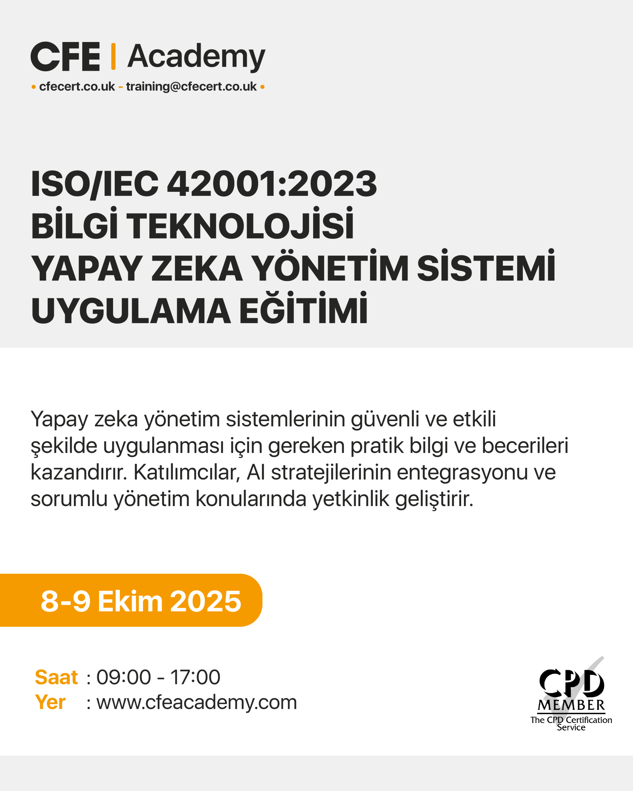 ISO 42001:2023 Bilgi Teknolojisi Yapay Zeka Yönetim Sistemi Uygulama Eğitimi