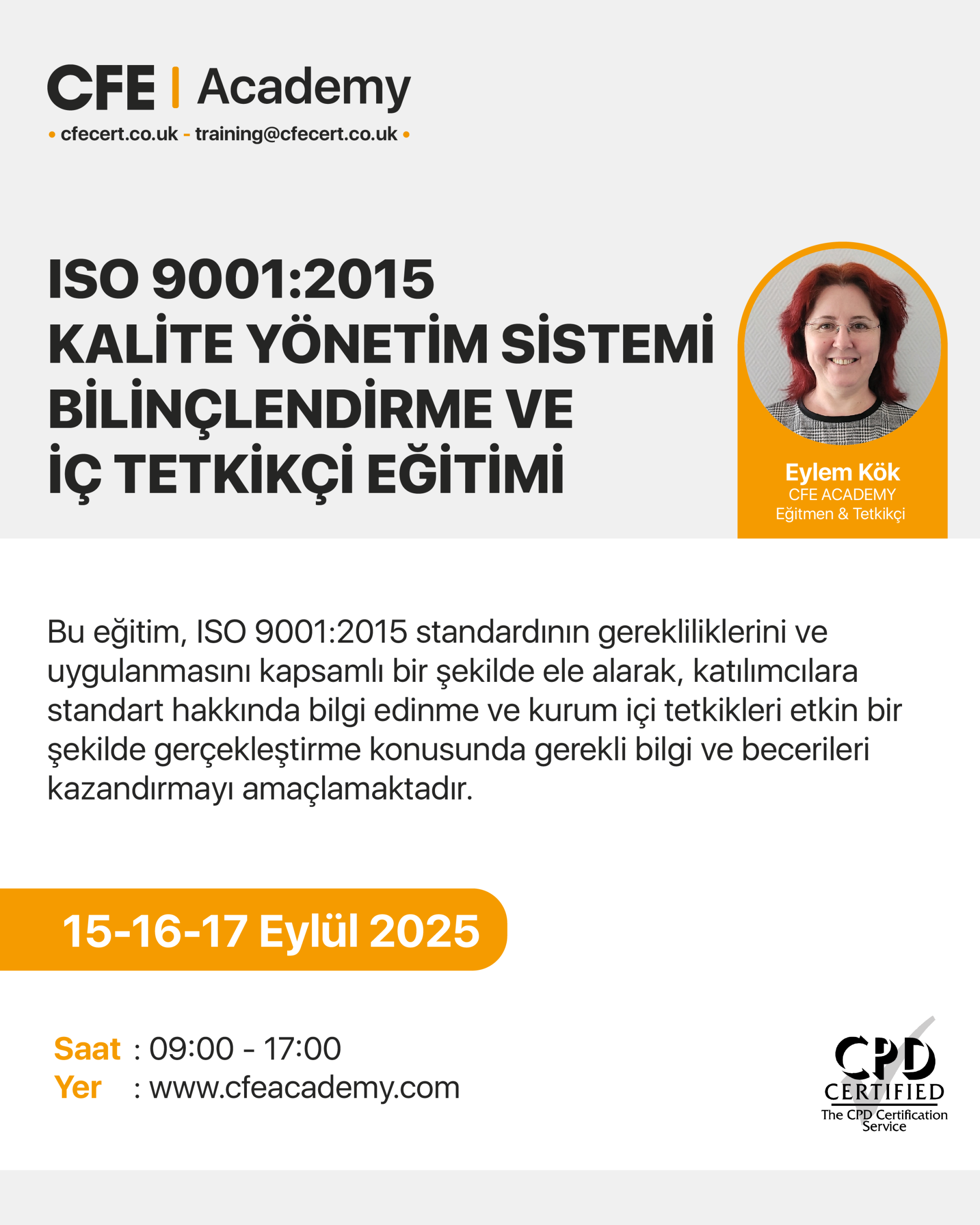 ISO 9001:2015 Kalite Yönetim Sistemi, Bilinçlendirme ve İç Tetkikçi Eğitimi