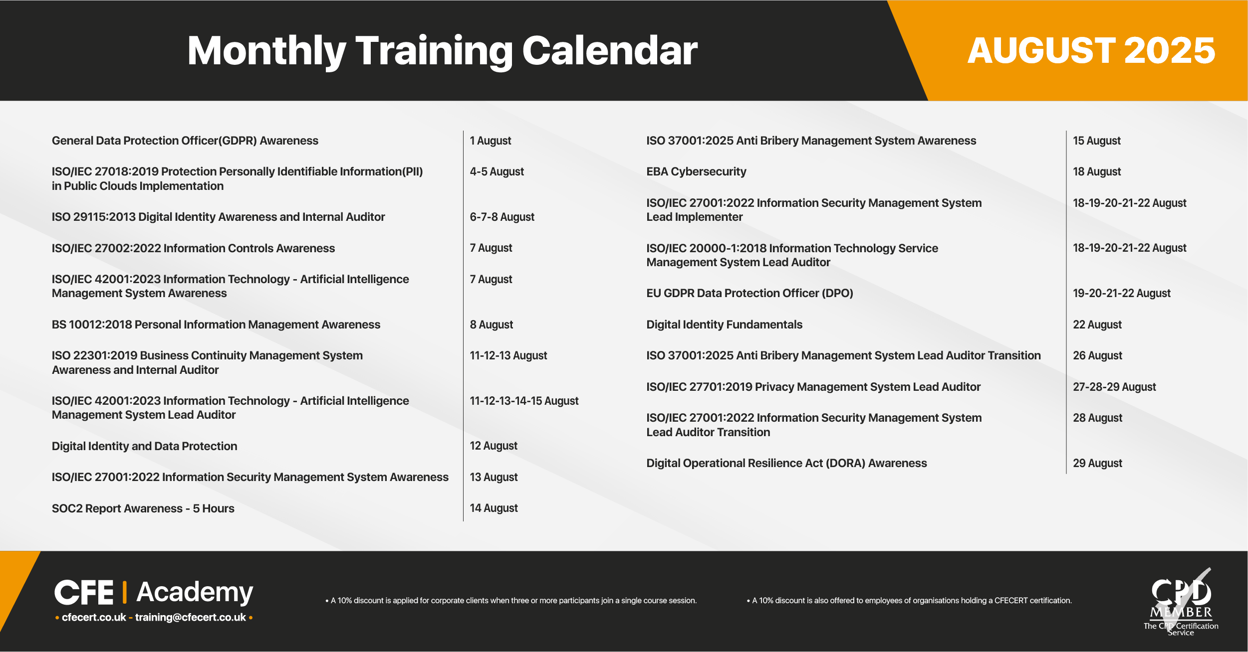 August 2025, Training Calender