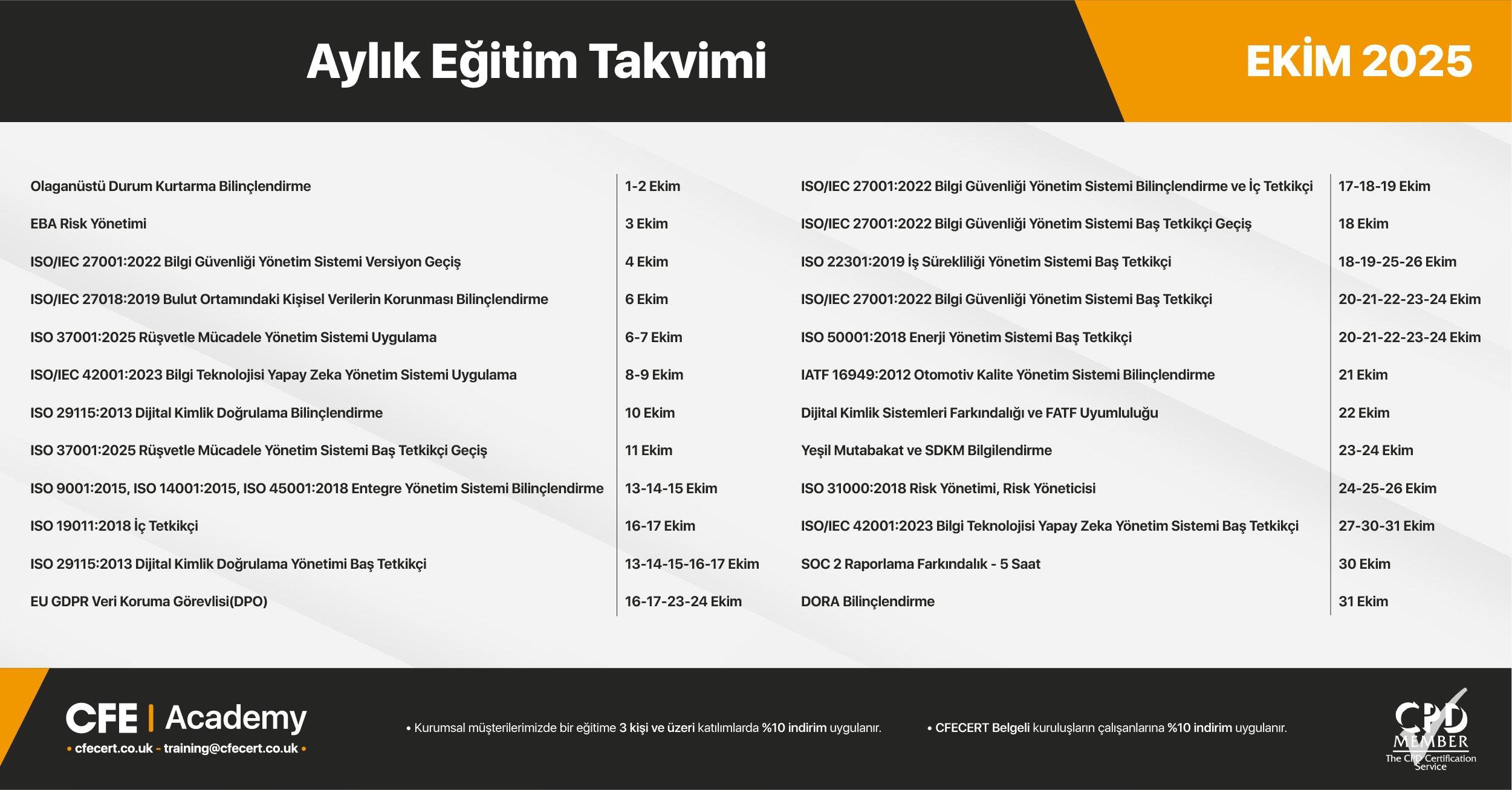 Ekim 2025 Eğitim Takvimi