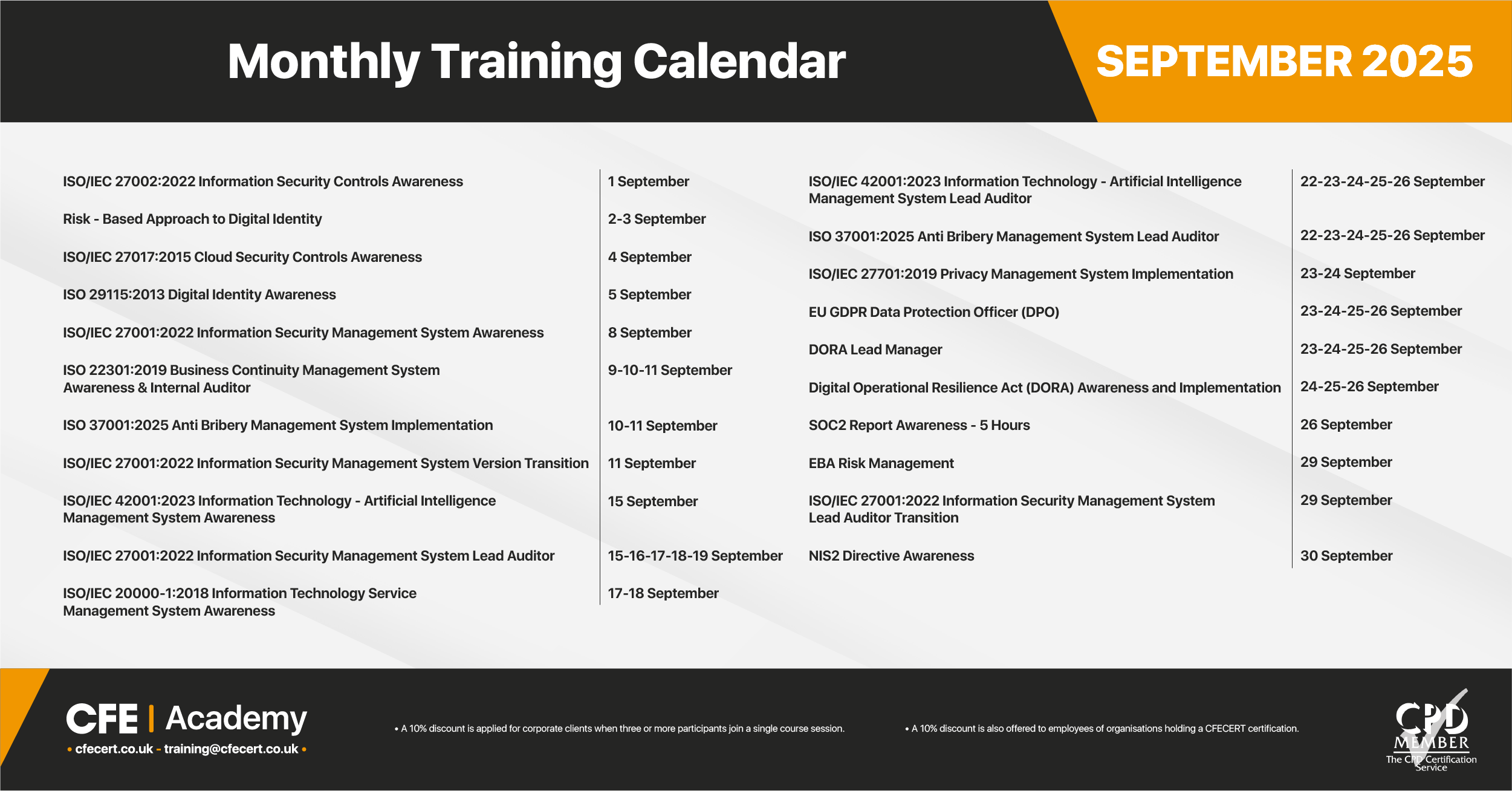 September 2025, Training Calender
