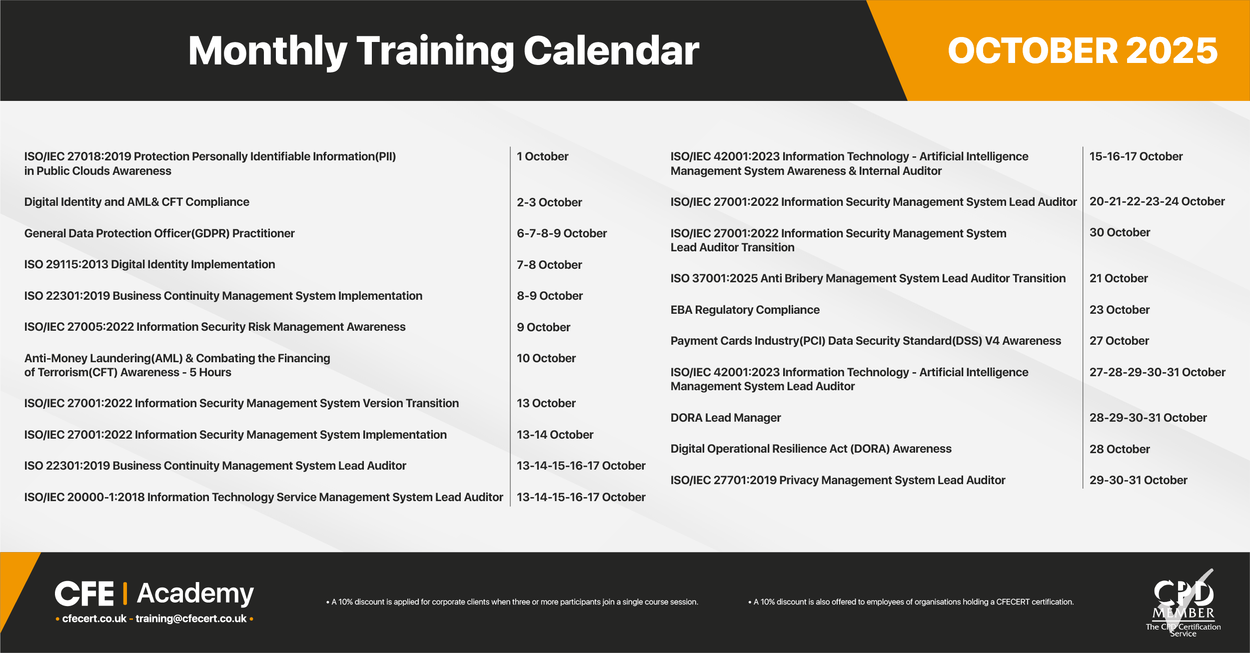 October 2025, Training Calendar