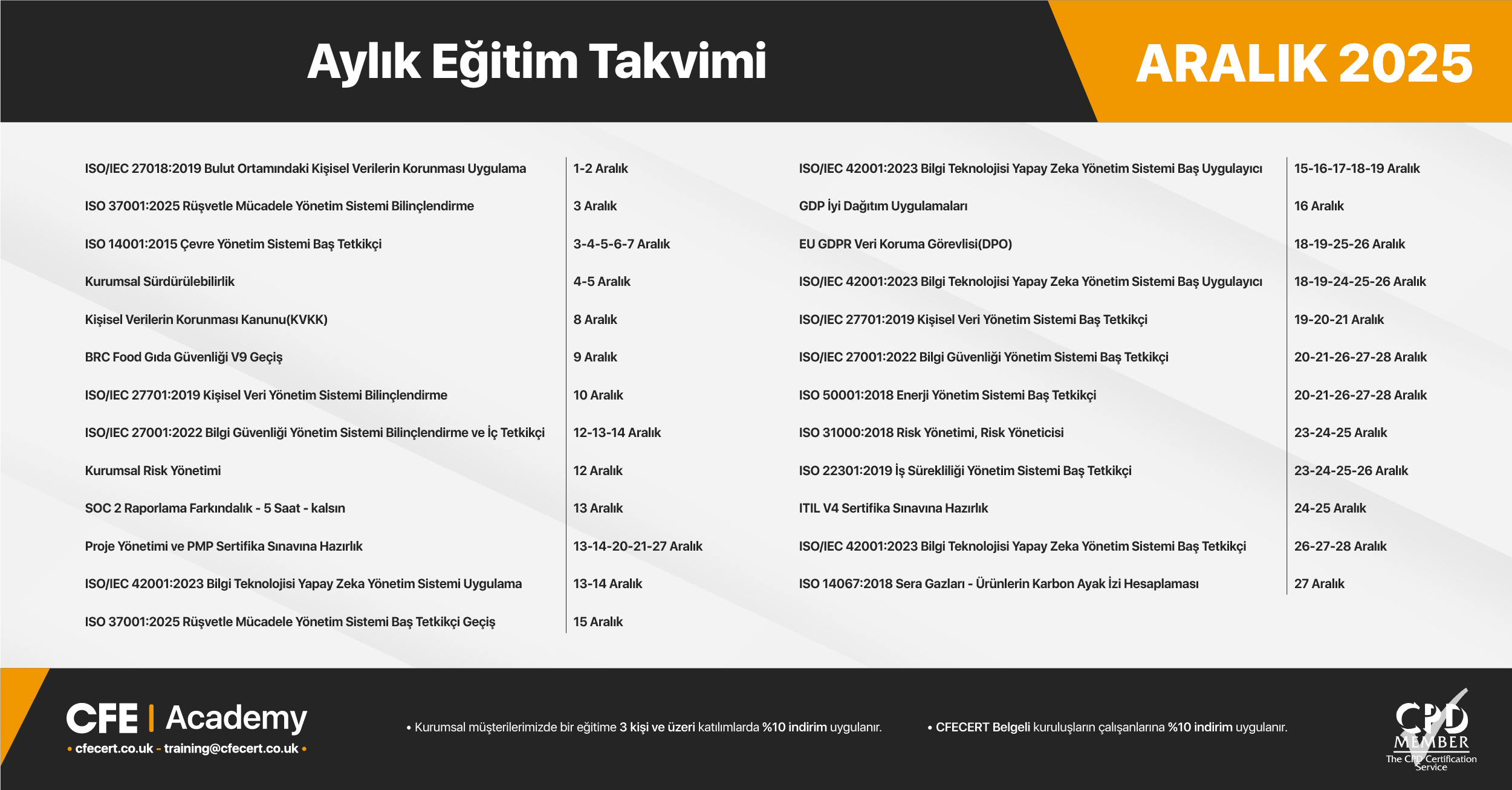 Aralık 2025 Eğitim Takvimi