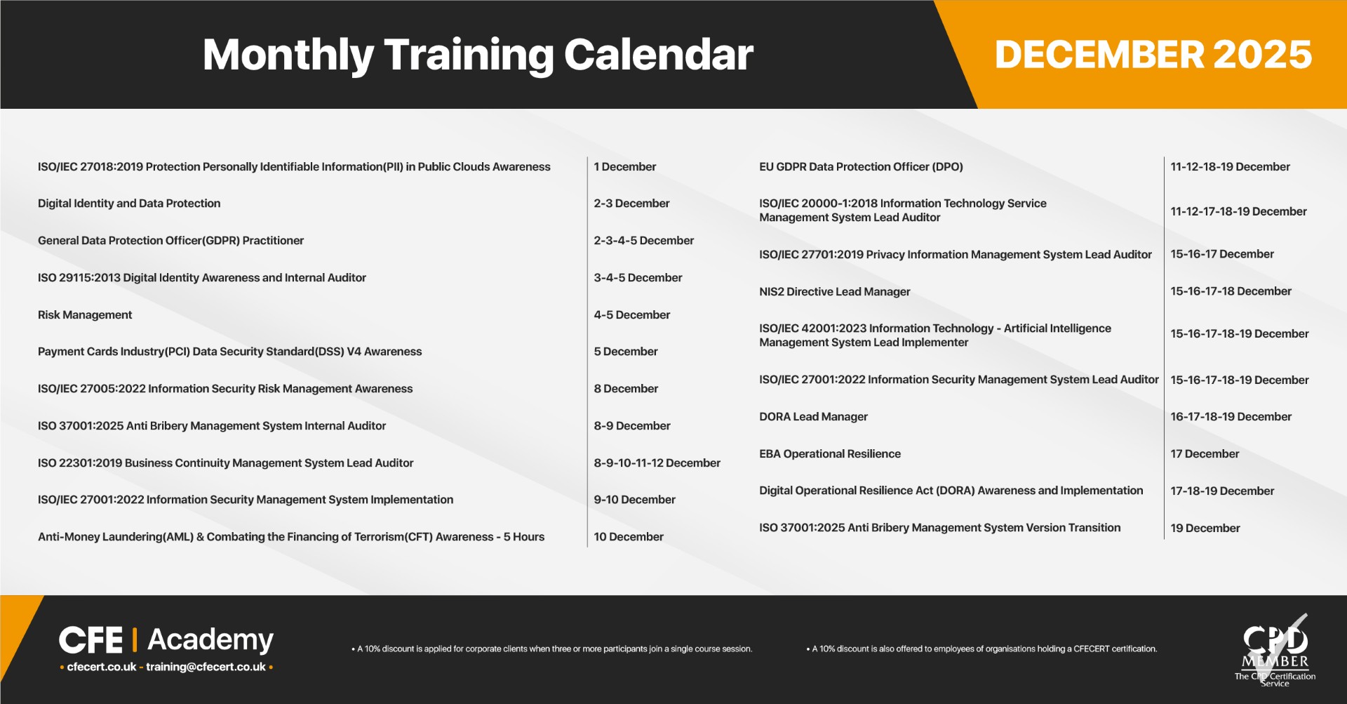 December 2025, Training Calender
