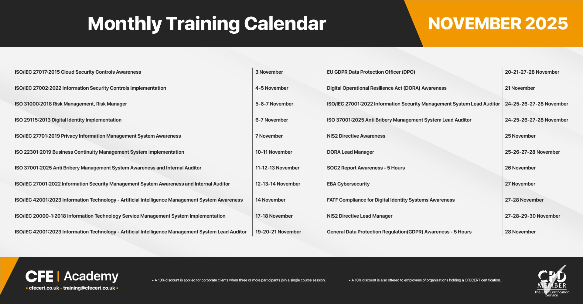 November 2025, Training Calendar