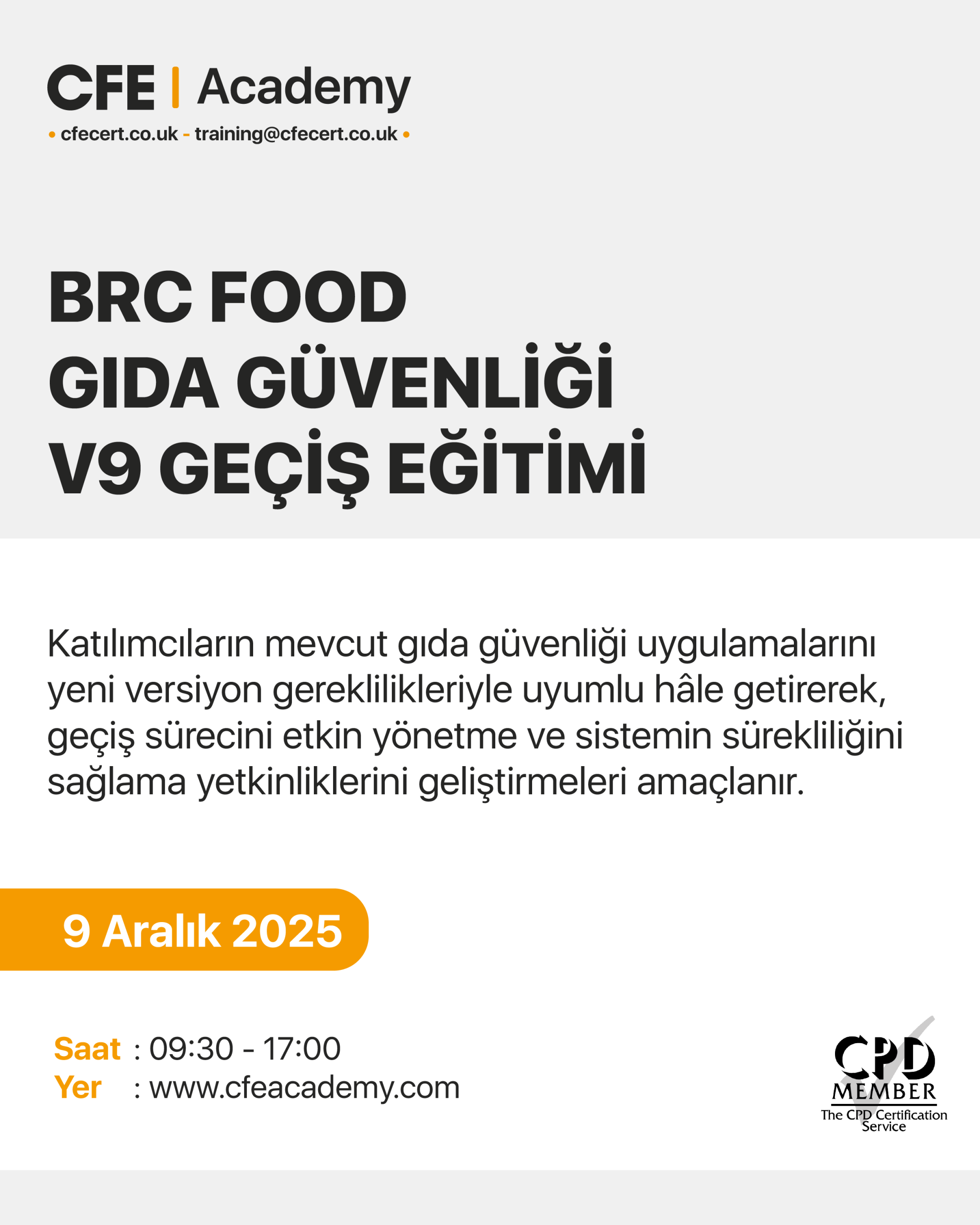 BRC Food, Gıda Güvenliği V9 Geçiş Eğitimi
