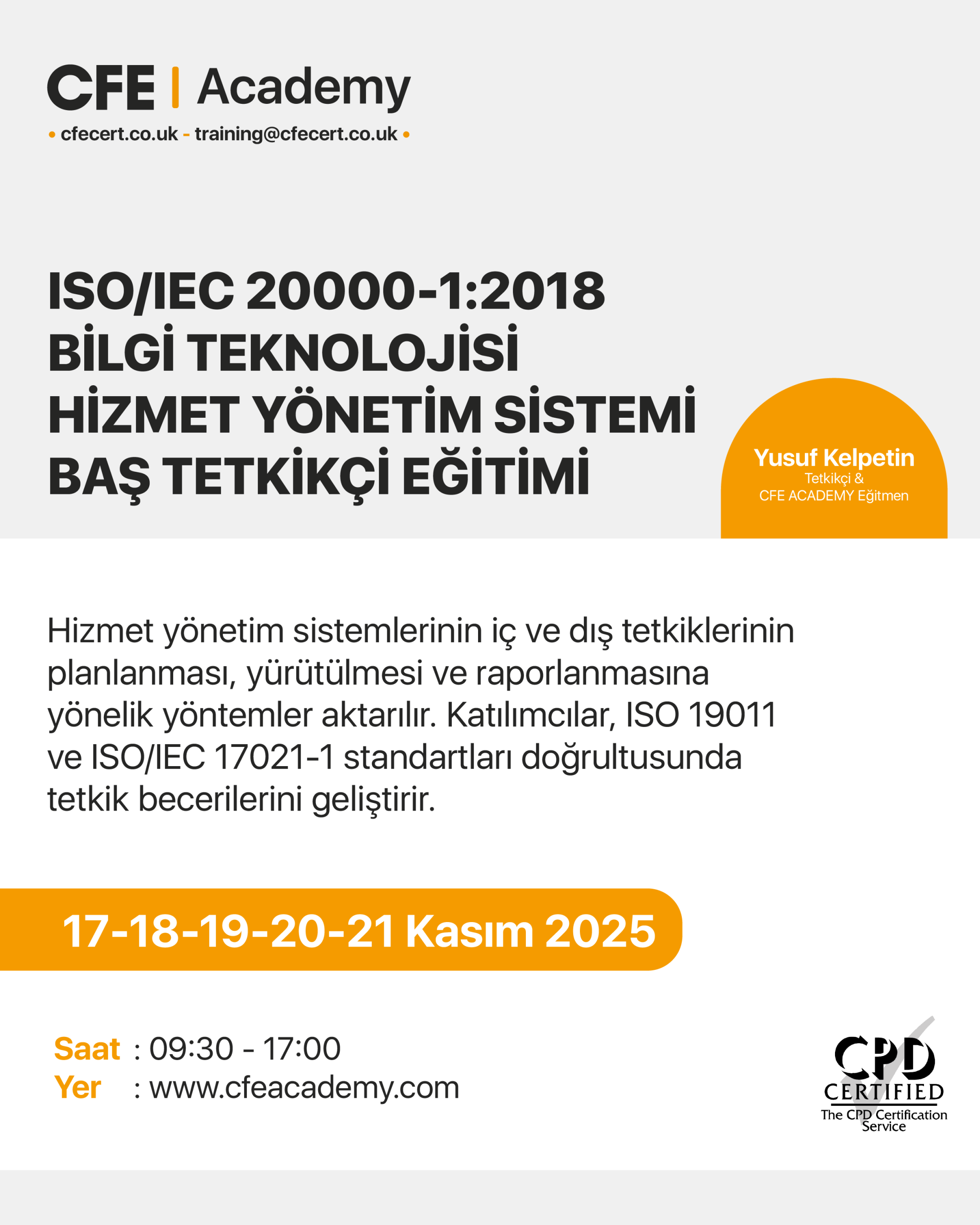 ISO/IEC 20000-1:2018 Bilgi Teknolojisi Hizmet Yönetim Sistemi, Baş Tetkikçi Eğitimi