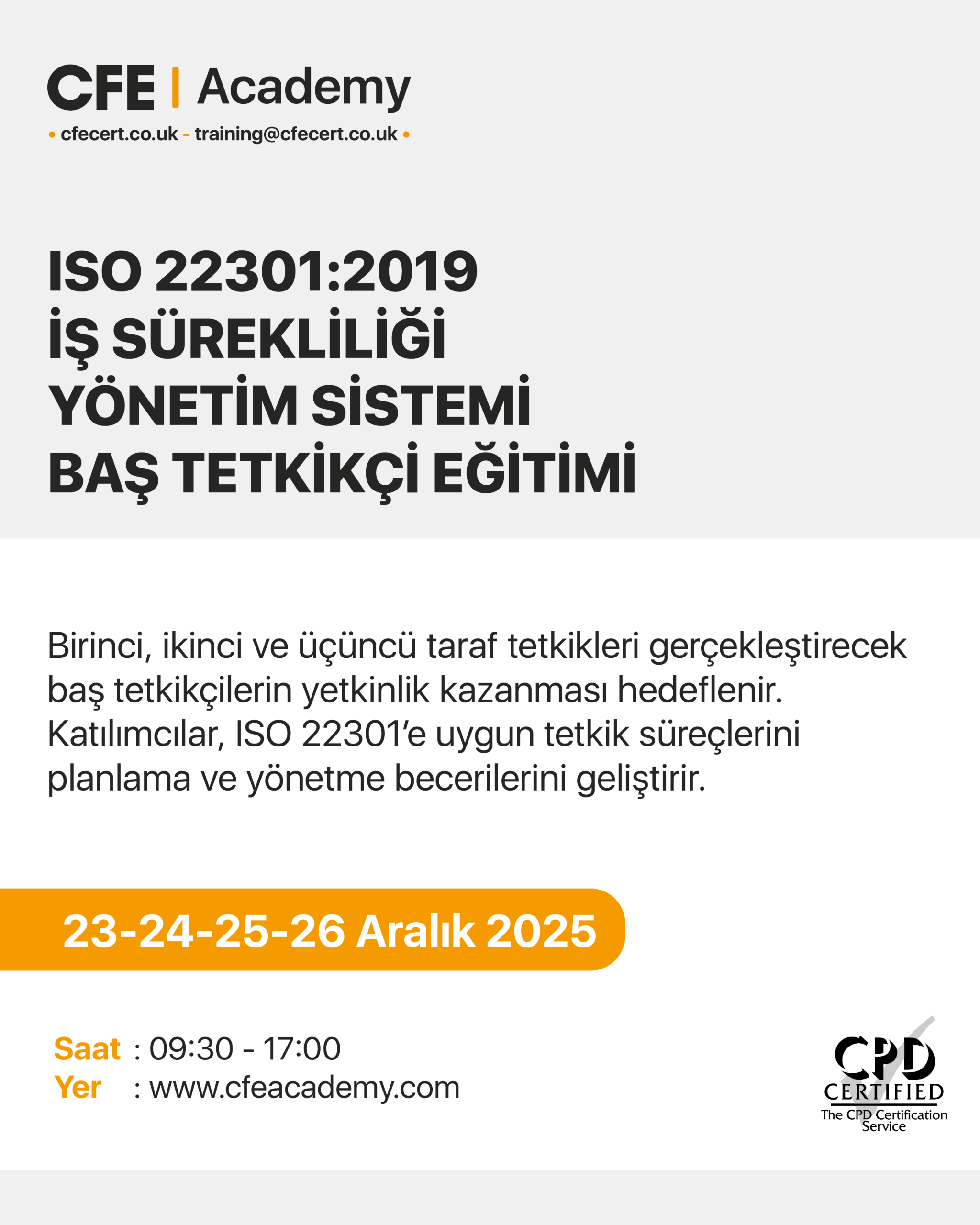 ISO 22301:2019 İş Sürekliliği Yönetim Sistemi, Baş Tetkikçi Eğitimi