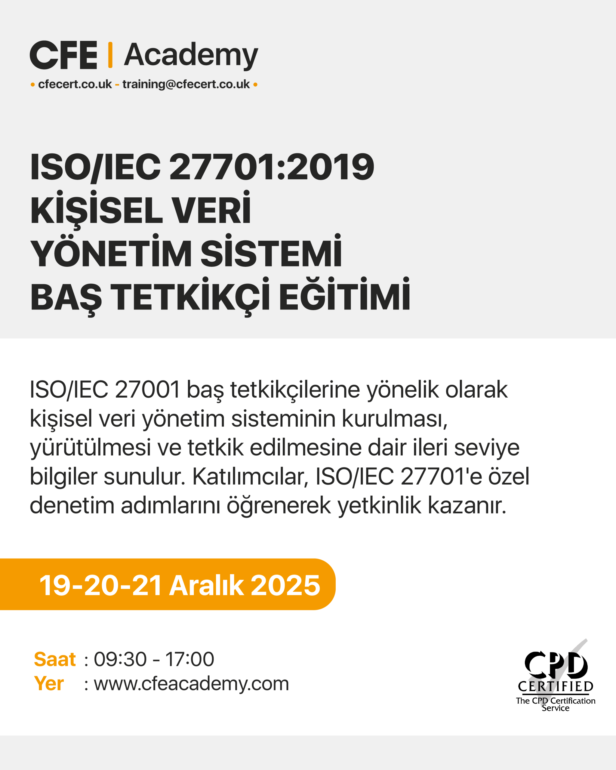 ISO/IEC 27701:2019 Kişisel Veri Yönetim Sistemi, Baş Tetkikçi Eğitimi