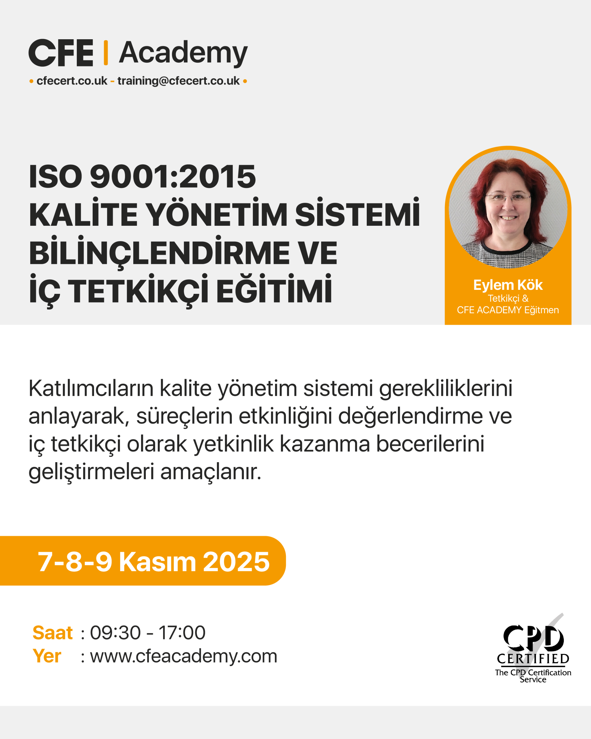 ISO 9001:2015 Kalite Yönetim Sistemi, Bilinçlendirme ve İç Tetkikçi Eğitimi