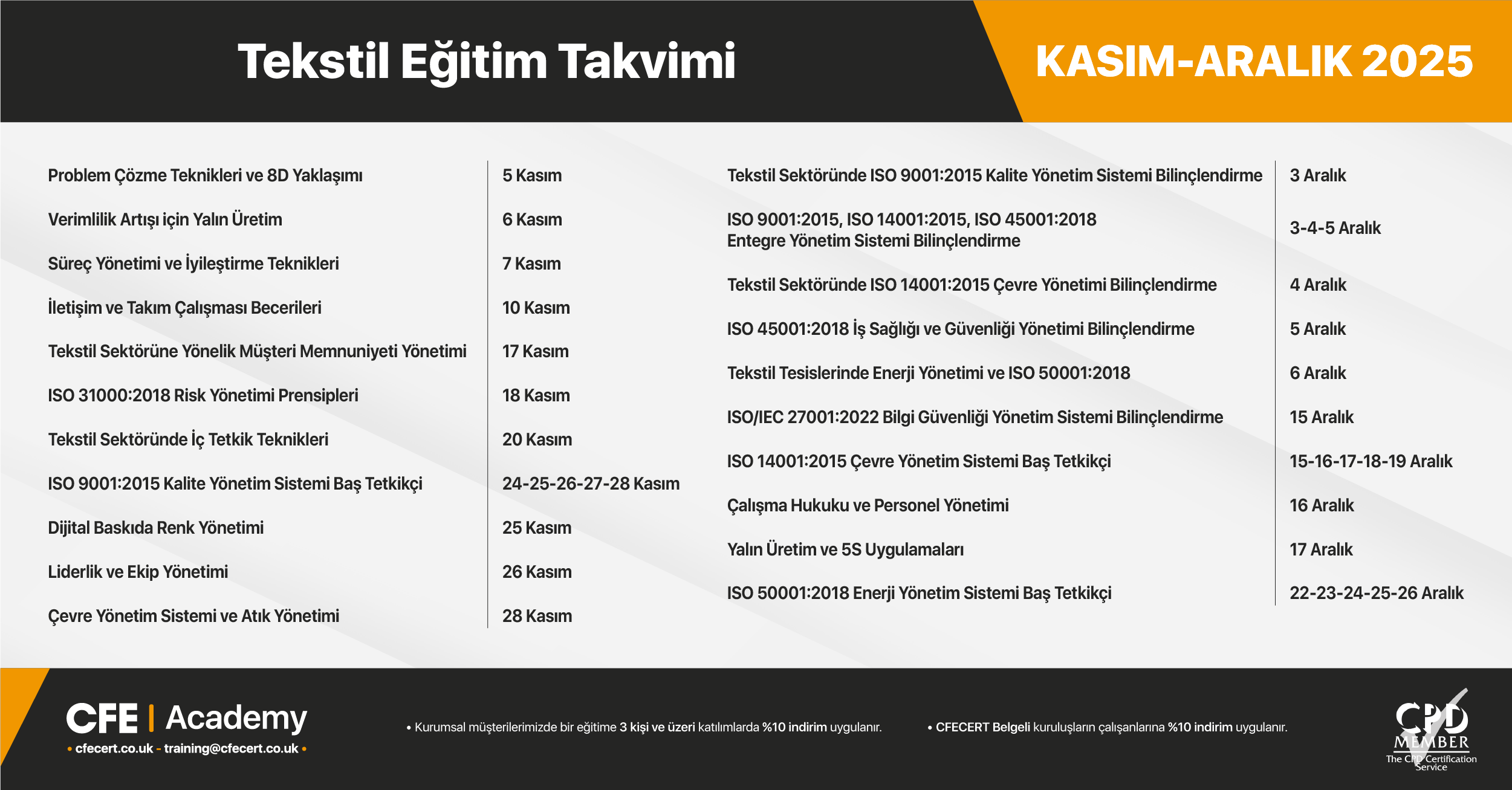 Tekstil Eğitim Takvimi – Kasım ve Aralık 2025