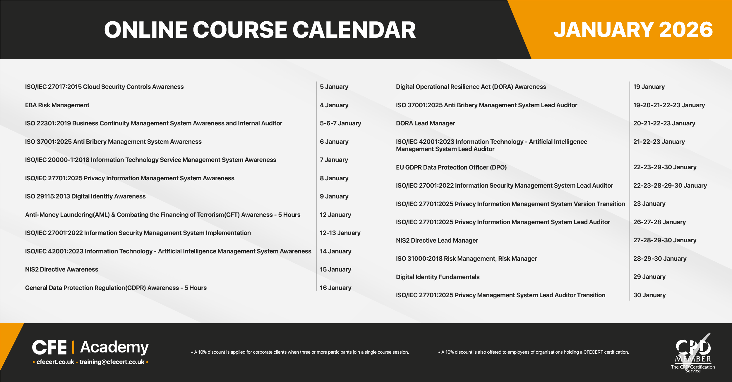 JANUARY 2026 TRAINING CALENDAR